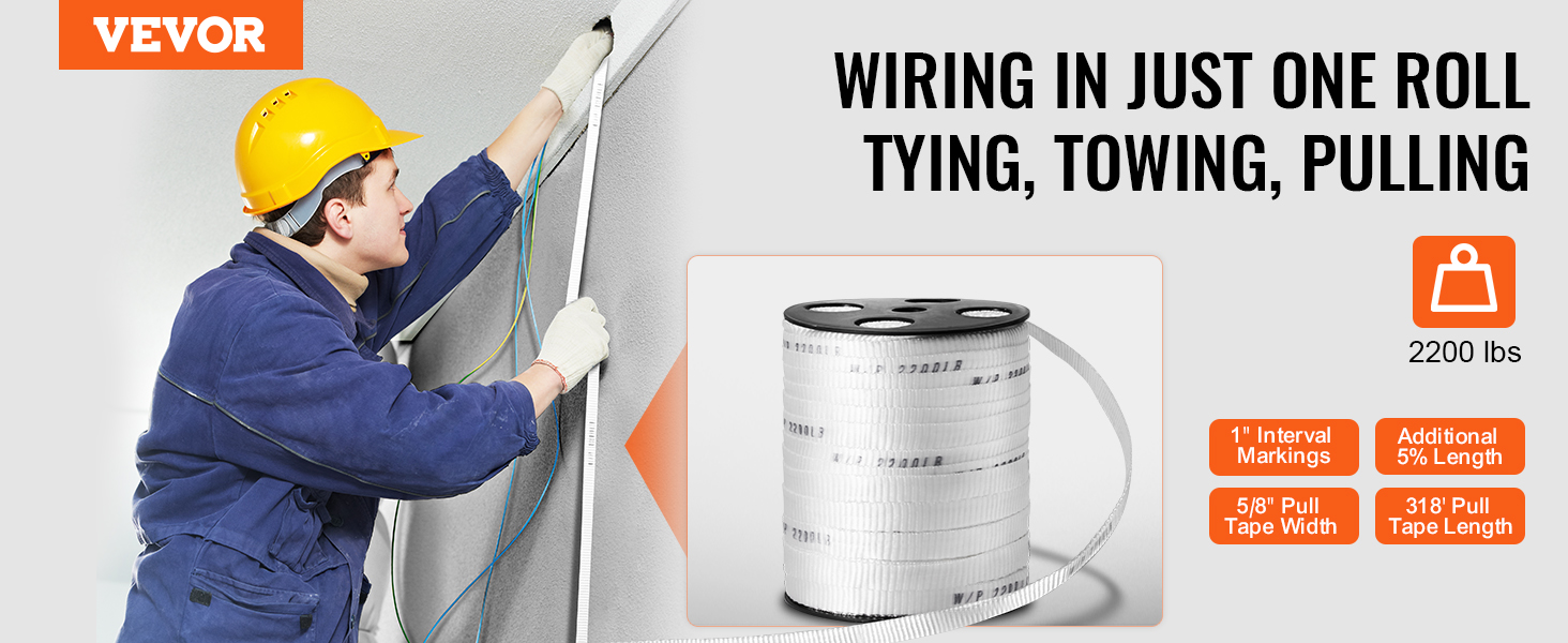 worker in safety gear using VEVOR pull tape for wiring, featuring 1" markings, 5/8" width, 318' length.