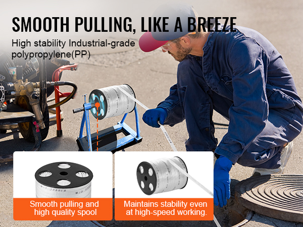 worker uses VEVOR pull tape with high stability polypropylene spool for smooth pulling operation.