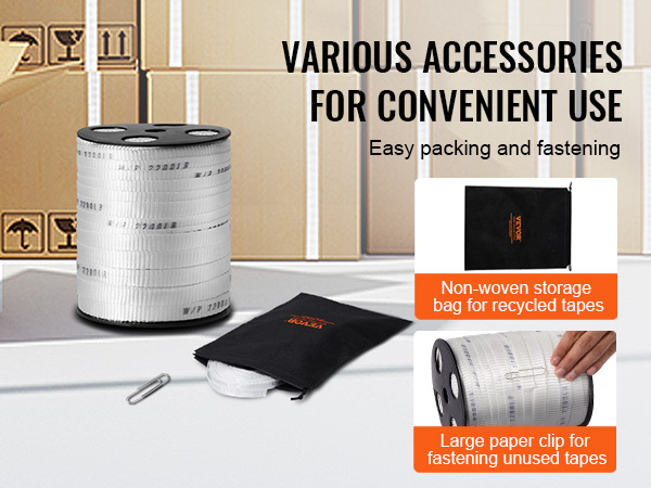 VEVOR pull tape with accessories: storage bag, paper clip, and cardboard boxes in background.