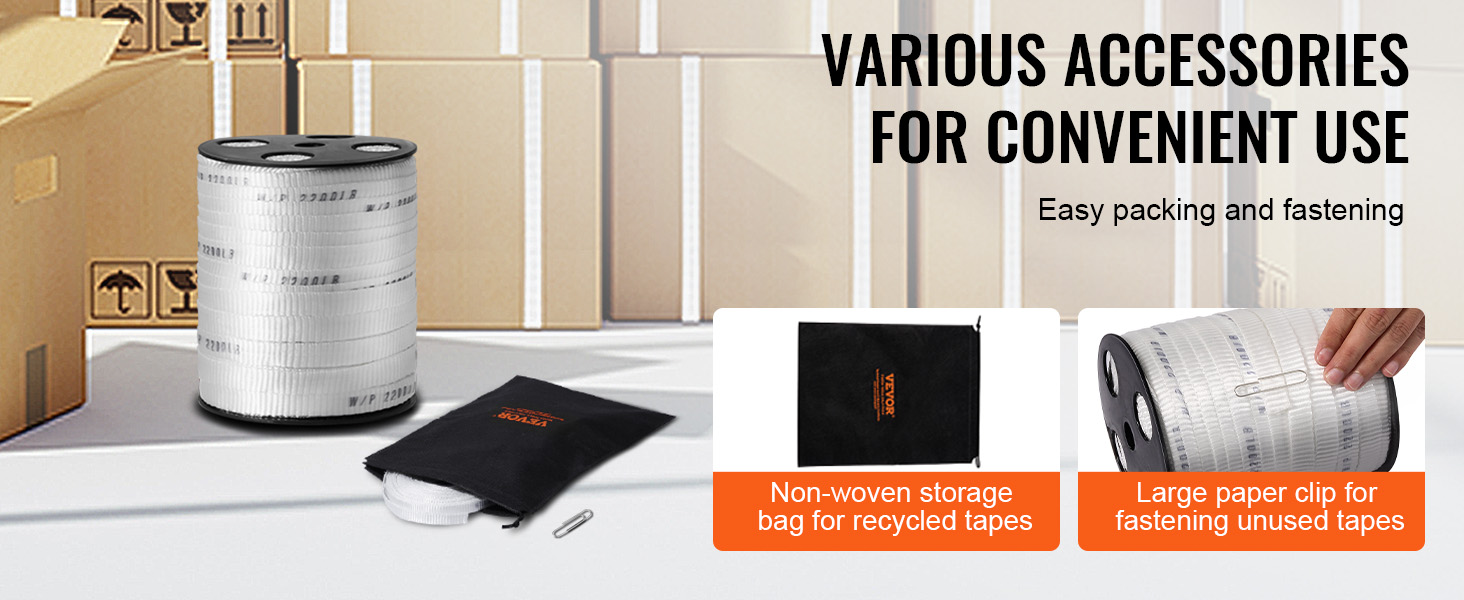 VEVOR pull tape with accessories: storage bag, paper clip, and cardboard boxes in background.