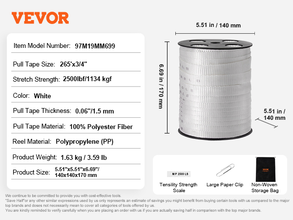 VEVOR polyester pull tape, 265'x3/4", stretch strength 2500lb, white, on reel with storage bag.