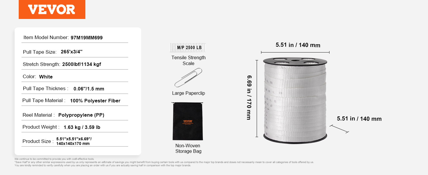 VEVOR polyester pull tape, 265'x3/4", stretch strength 2500lb, white, on reel with storage bag.