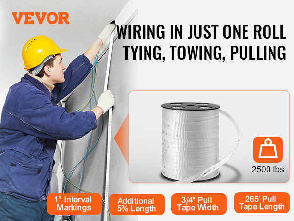 worker using VEVOR polyester pull tape for wiring, towing, and pulling tasks; rated at 2500 lbs.
