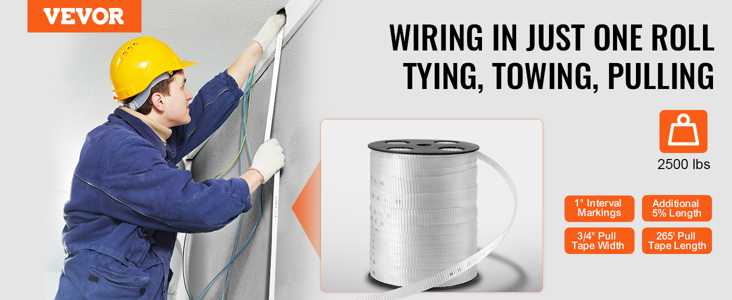worker using VEVOR polyester pull tape for wiring, towing, and pulling tasks; rated at 2500 lbs.