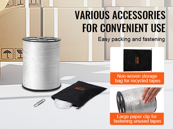 various accessories for VEVOR polyester pull tape, including storage bag and paper clip for fastening.