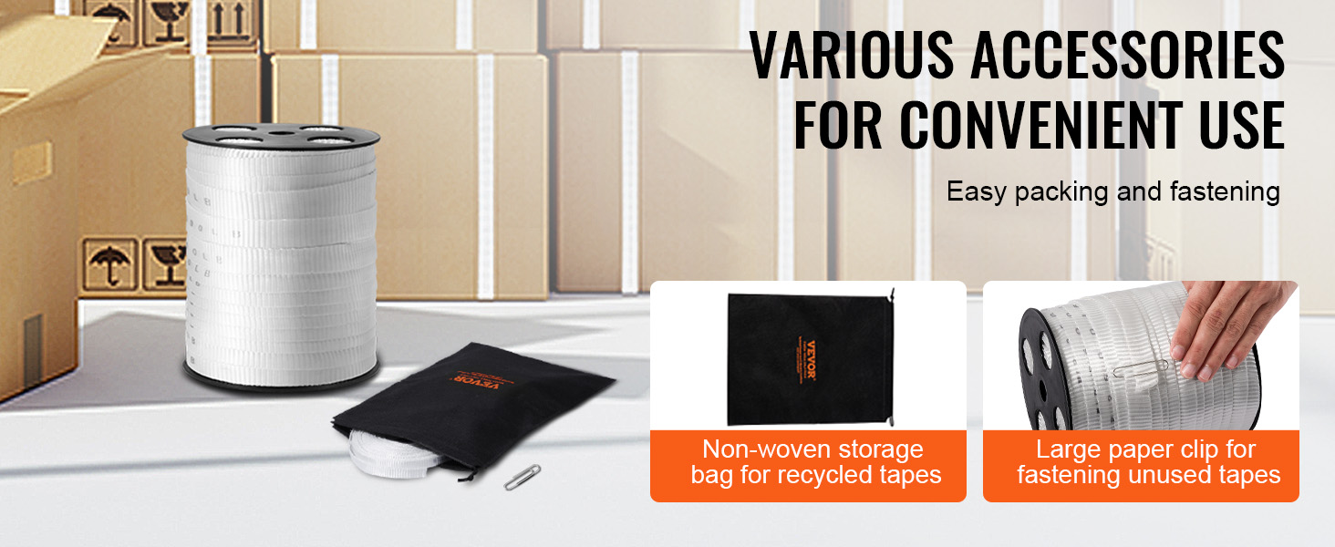 various accessories for VEVOR polyester pull tape, including storage bag and paper clip for fastening.