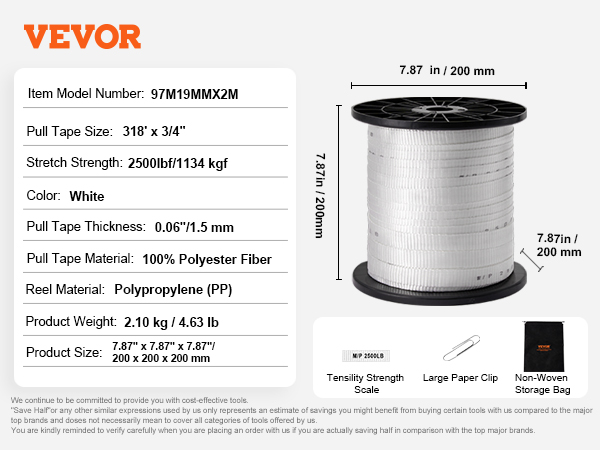 VEVOR polyester pull tape, 318' x 3/4", 2500lbf strength, white, on a spool with non-woven storage bag.