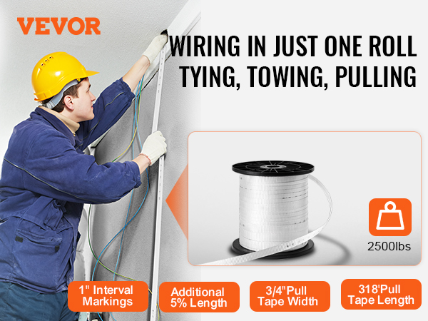 VEVOR polyester pull tape for wiring, tying, towing, and pulling; 2500lbs capacity, 318' length, 3/4" width.