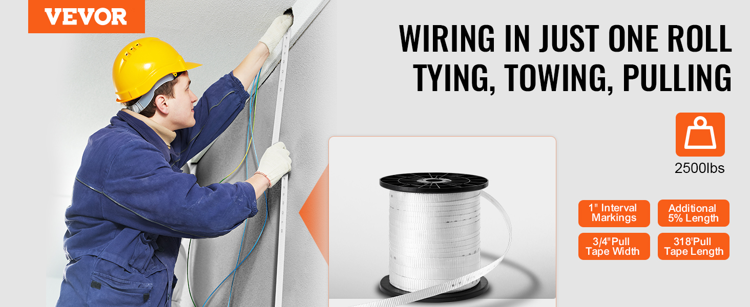 VEVOR polyester pull tape for wiring, tying, towing, and pulling; 2500lbs capacity, 318' length, 3/4" width.