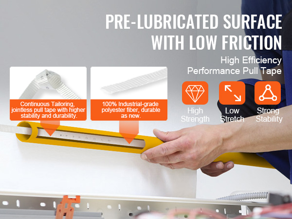 VEVOR polyester pull tape, high strength, low stretch, strong stability, pre-lubricated, durable.