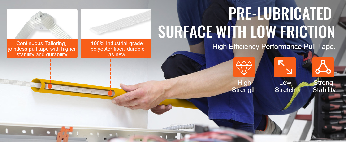 VEVOR polyester pull tape, high strength, low stretch, strong stability, pre-lubricated, durable.
