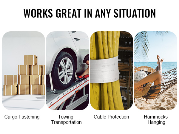VEVOR polyester pull tape showcasing uses: cargo fastening, towing, cable protection, and hammock hanging.