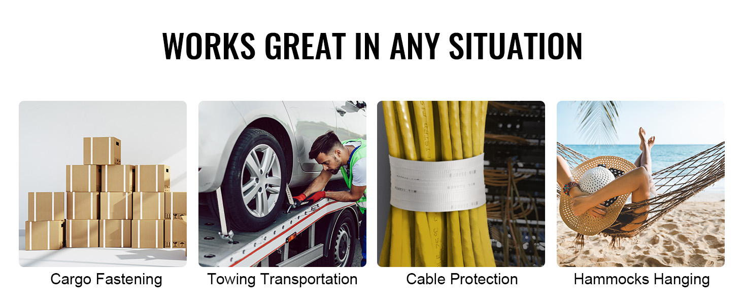 VEVOR polyester pull tape showcasing uses: cargo fastening, towing, cable protection, and hammock hanging.