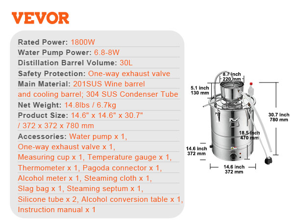 VEVOR alcohol still with 30l barrel, 1800w power, and included accessories. size: 14.6" x 14.6" x 30.7".