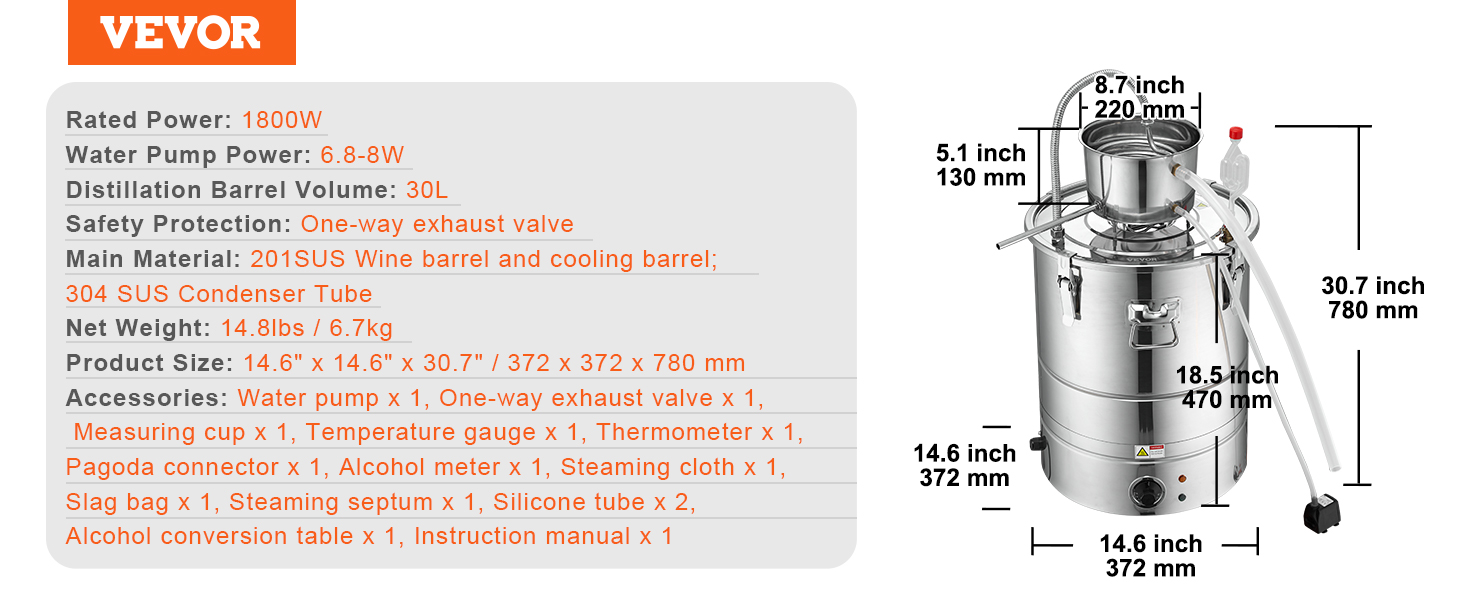 VEVOR alcohol still with 30l barrel, 1800w power, and included accessories. size: 14.6" x 14.6" x 30.7".