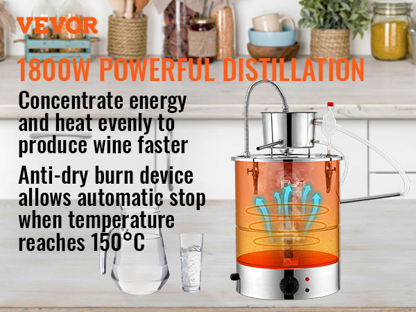 VEVOR alcohol still 1800w powerful distillation, anti-dry burn, even heating, kitchen background.