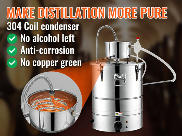 VEVOR alcohol still with 304 coil condenser, highlighting anti-corrosion and no alcohol residue.