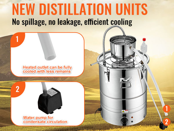 new VEVOR alcohol still with heated outlet and water pump for efficient distillation. no spillage.