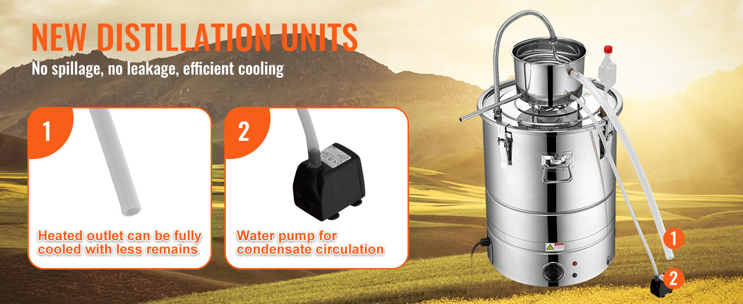 new VEVOR alcohol still with heated outlet and water pump for efficient distillation. no spillage.