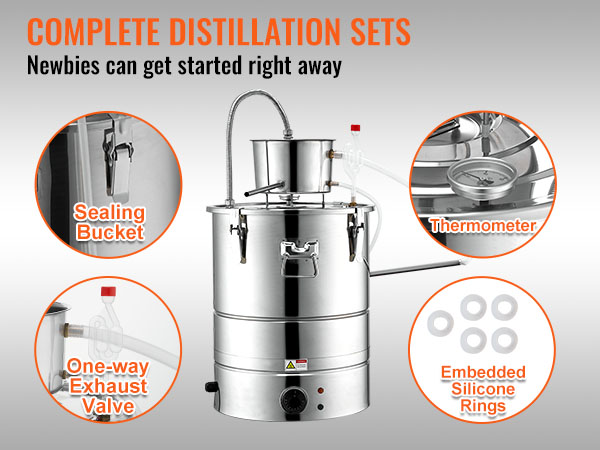 complete distillation set with VEVOR alcohol still, featuring a sealing bucket, thermometer, and exhaust valve.