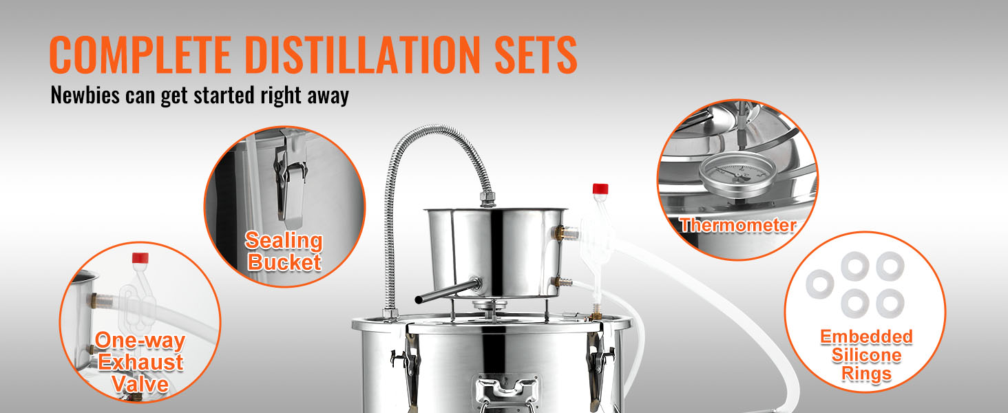 complete distillation set with VEVOR alcohol still, featuring a sealing bucket, thermometer, and exhaust valve.