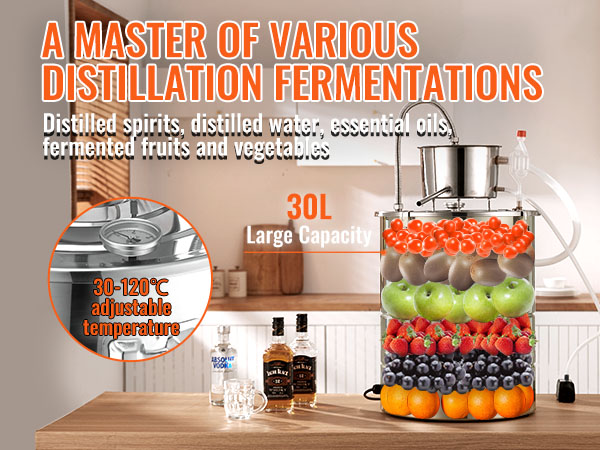 VEVOR alcohol still with 30l capacity for distilling spirits, water, essential oils, and fermented produce.