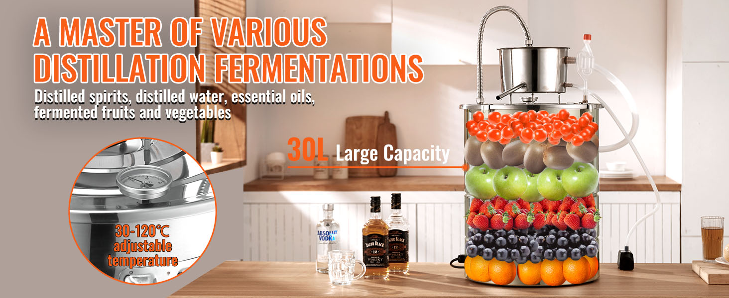 VEVOR alcohol still with 30l capacity for distilling spirits, water, essential oils, and fermented produce.