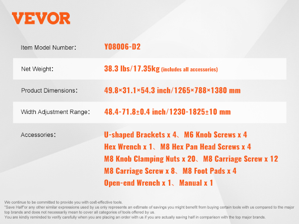 VEVOR kayak storage rack with adjustable width, includes u-shaped brackets, m6 knob screws, and tools.