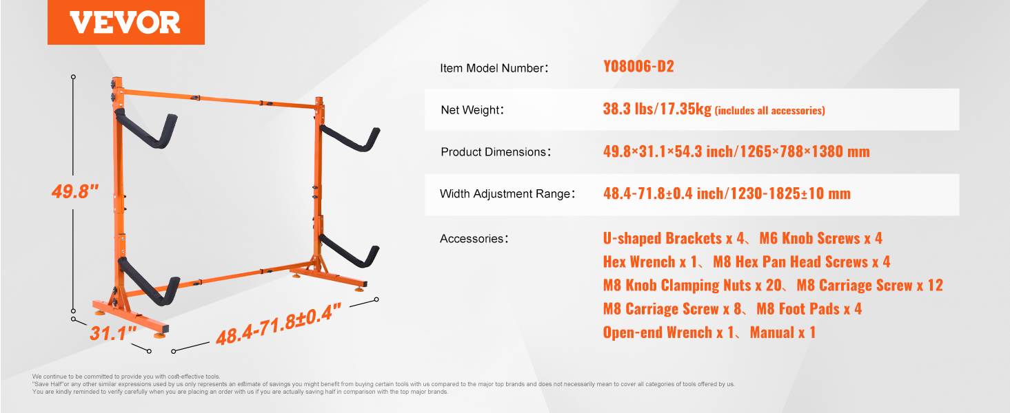 VEVOR kayak storage rack with adjustable width, includes u-shaped brackets, m6 knob screws, and tools.