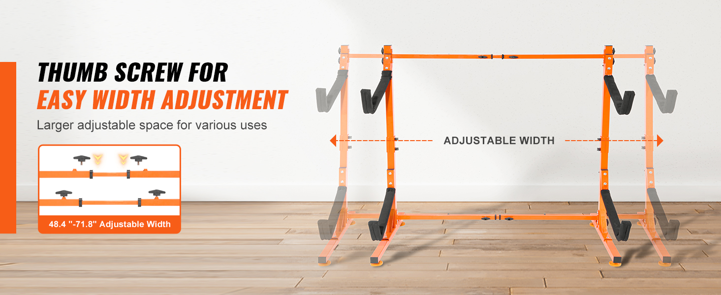 VEVOR kayak storage rack showcasing adjustable width with thumb screws, ranging from 48.4" to 71.8".