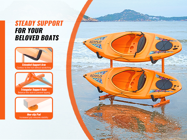 VEVOR kayak storage rack with extended support arms, triangular base, and non-slip pad, holds two kayaks on beach.