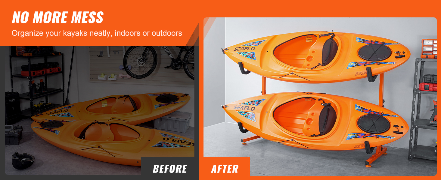 kayaks neatly stored on VEVOR kayak storage rack, showcasing organized indoor setup.