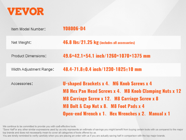VEVOR kayak storage rack dimensions, accessories list, model y08006-d4, 46.8 lbs weight, adjustable width.