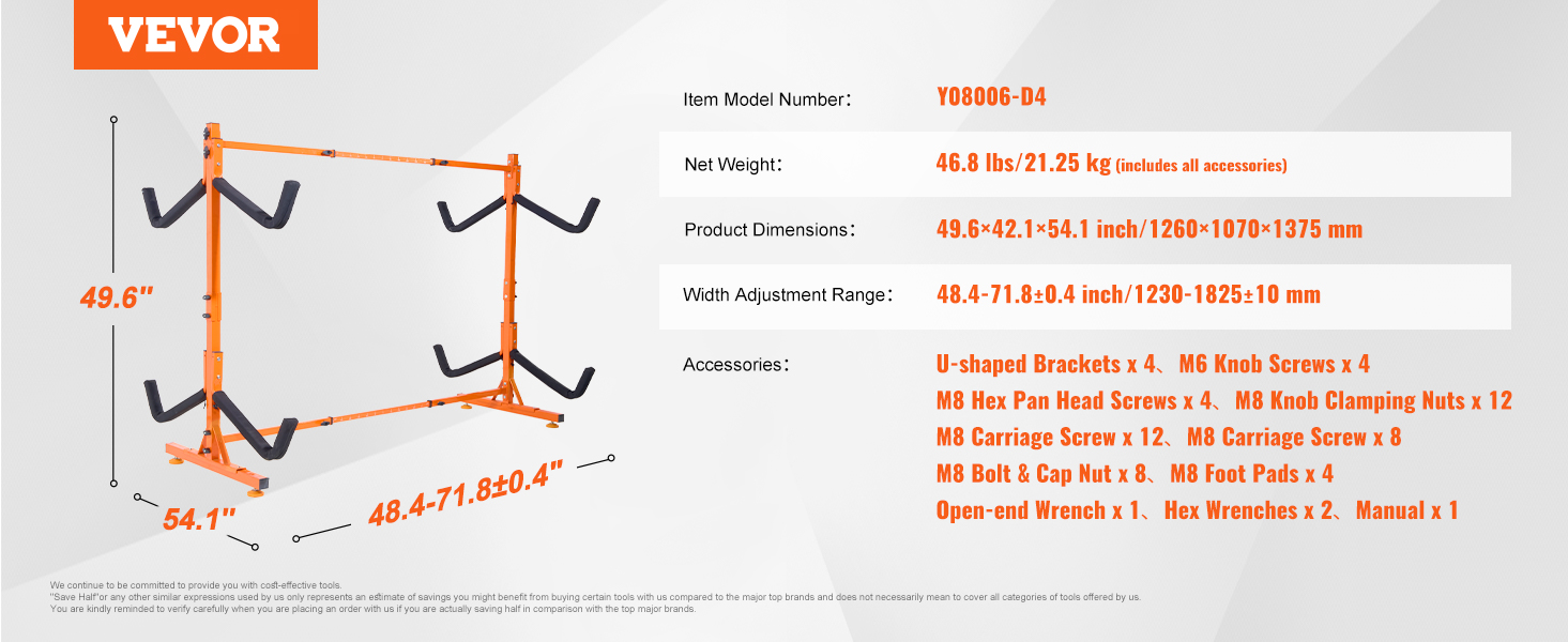 VEVOR kayak storage rack dimensions, accessories list, model y08006-d4, 46.8 lbs weight, adjustable width.