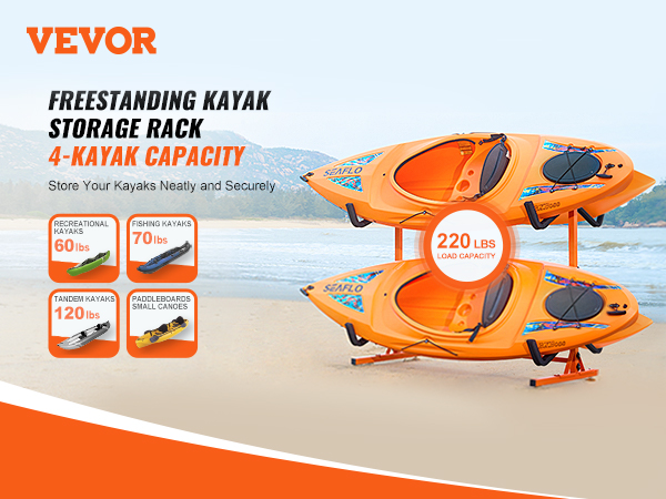 VEVOR kayak storage rack with a 4-kayak capacity and 220 lbs load, featuring bright orange kayaks.
