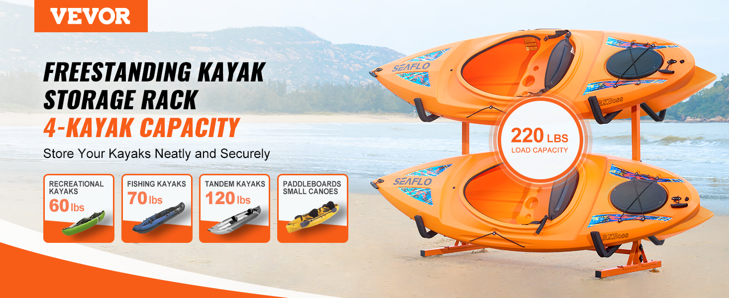VEVOR kayak storage rack with a 4-kayak capacity and 220 lbs load, featuring bright orange kayaks.