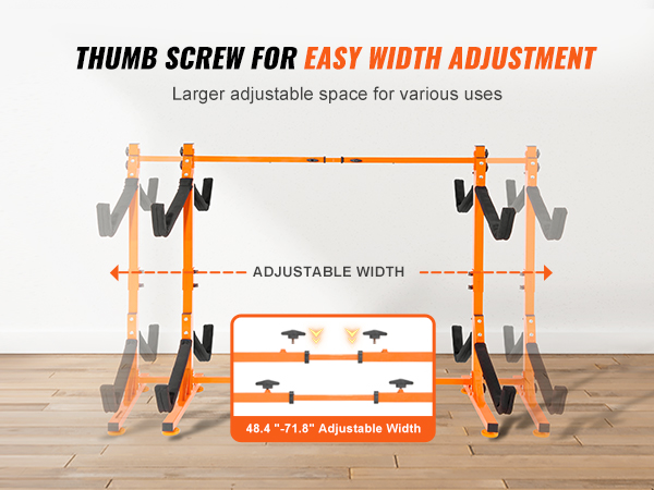 VEVOR kayak storage rack features adjustable width with thumb screws for easy customization.