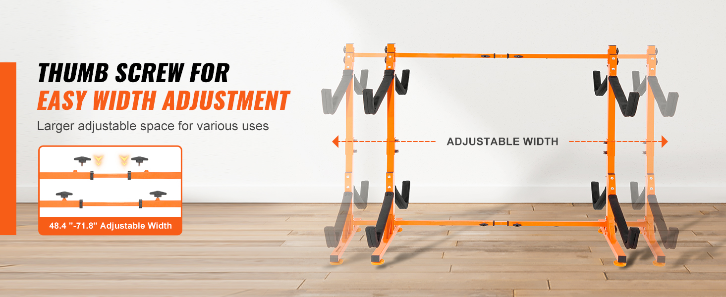 VEVOR kayak storage rack features adjustable width with thumb screws for easy customization.
