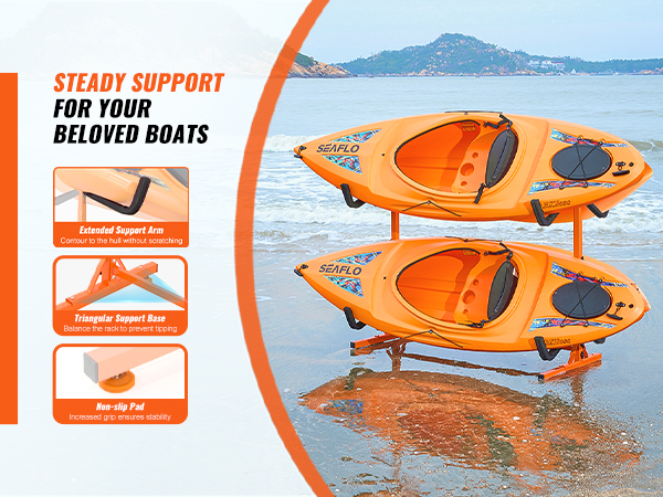 VEVOR kayak storage rack with extended support arms, triangular base, and non-slip pads on a beach.