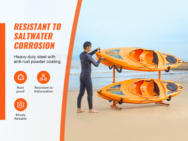 VEVOR kayak storage rack on a beach, holding two seaflo kayaks, highlighted for rust resistance.