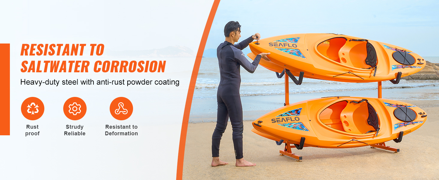 VEVOR kayak storage rack on a beach, holding two seaflo kayaks, highlighted for rust resistance.