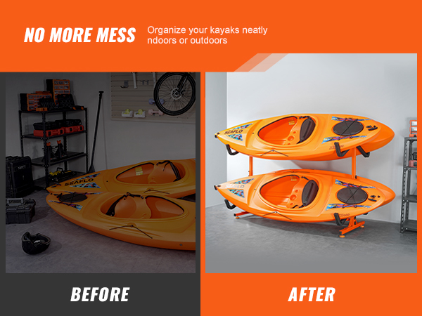 before and after of kayaks, neatly stored on an orange VEVOR kayak storage rack, saving space.