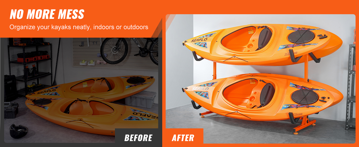 before and after of kayaks, neatly stored on an orange VEVOR kayak storage rack, saving space.
