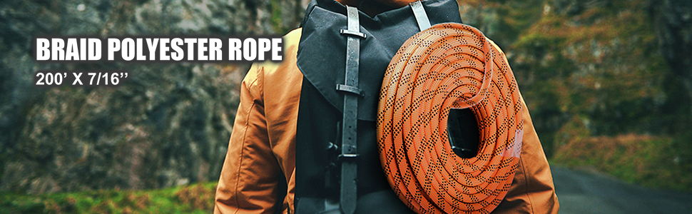 hiker with VEVOR polyester rope in orange, 200' x 7/16", on a mountain trail.