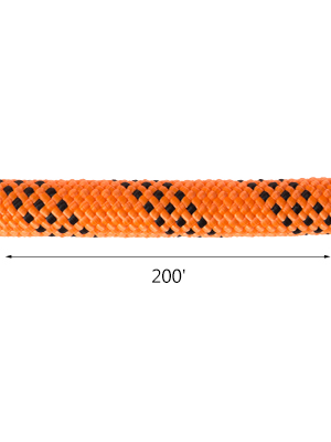 orange and black VEVOR polyester rope with 200-foot length measurement.