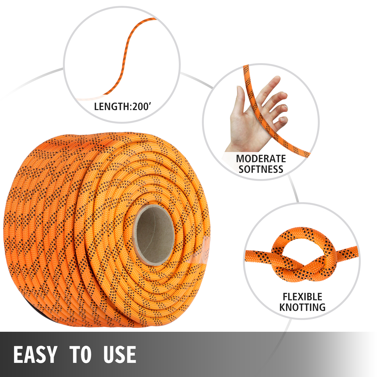 VEVOR polyester rope, orange, 200', flexible knotting, moderate softness. easy to use.