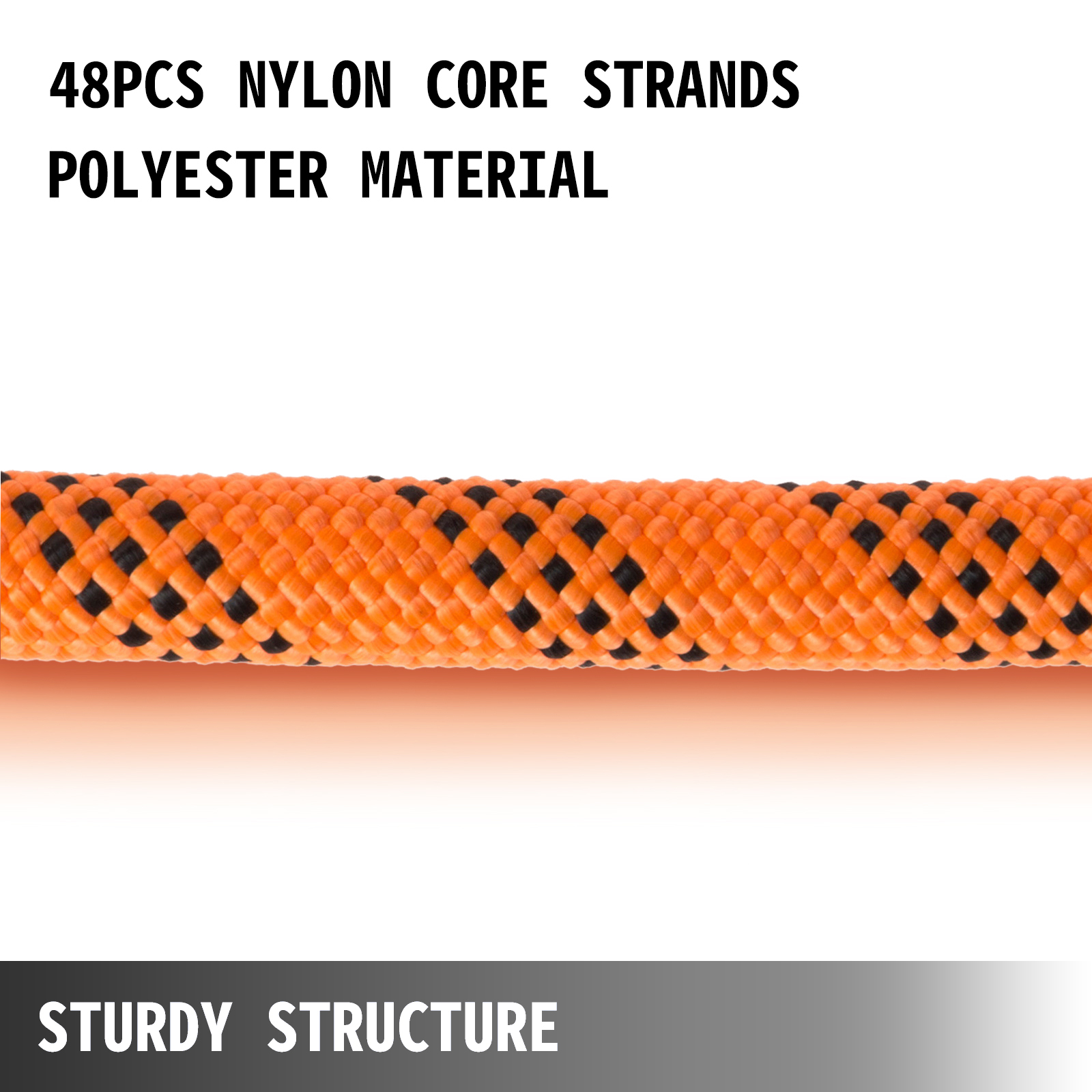 orange VEVOR double braid polyester rope with black weave, 48 nylon core strands.