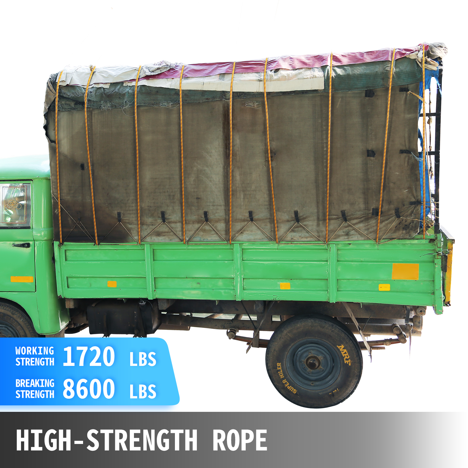 VEVOR double braid polyester rope securing cargo on a green truck, high-strength 1720-8600 lbs.