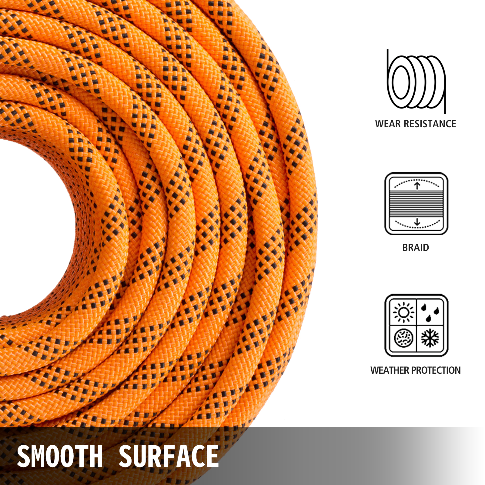 VEVOR double braid polyester rope with smooth surface and wear resistance icons.
