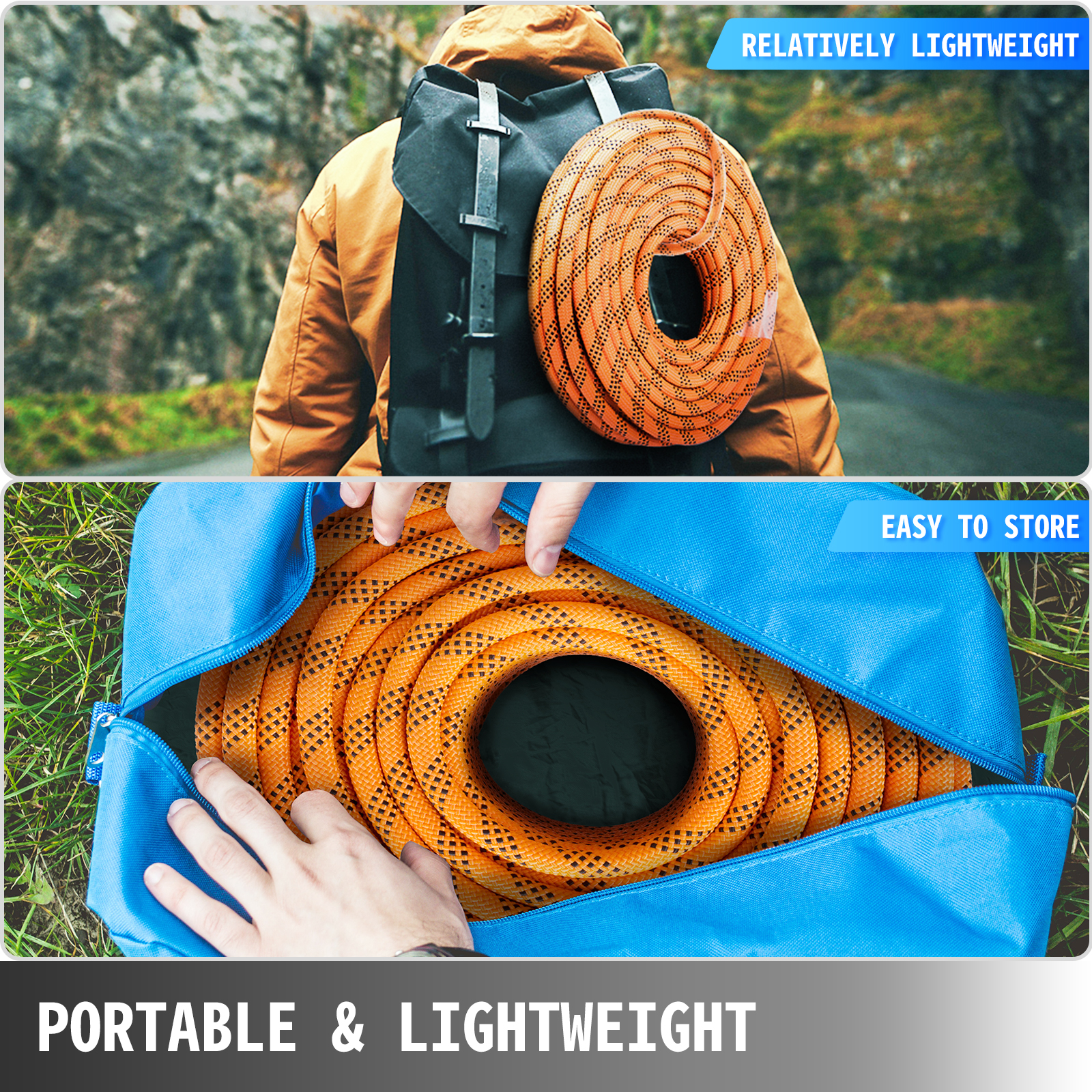 carrying VEVOR double braid polyester rope in backpack, easily fits into bag. portable & lightweight.